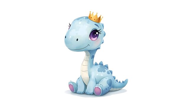 Adorable baby blue dinosaur wearing a cute golden crown sitting calmly against a plain white background in this high quality watercolor digital illustration created for nursery room decor and design