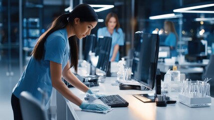Fototapeta premium Professional cleaning staff meticulously sanitizing a modern office workspace with computers and equipment