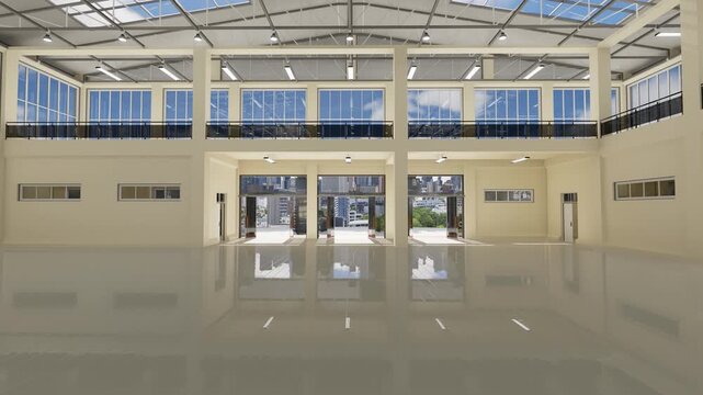 3d render modern glass atrium interior transitions to an entrance lobby with panoramic city skyline view, featuring minimalist architecture and reflective marble flooring.