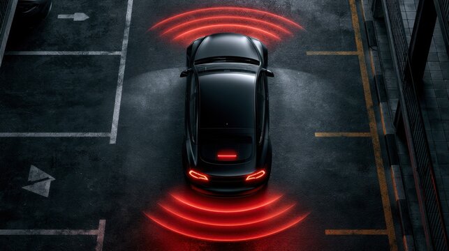 Top view of a black car equipped with rear parking sensor system emitting red waves in an empty dark urban parking lot at night with sensor visualization