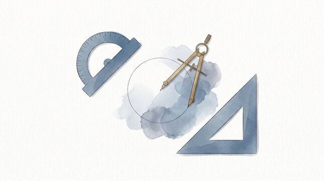 Watercolor architectural drawing tools, vintage drafting compass and blue protractor illustration, artistic geometry equipment for design