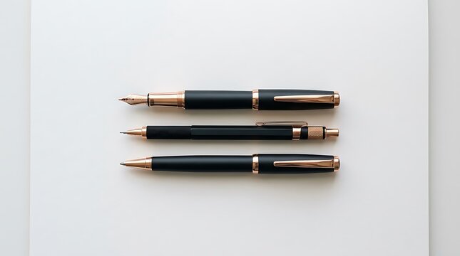 Three elegant dark green fountain and ballpoint pens with gold details arranged neatly on a surface. premium writing tools display