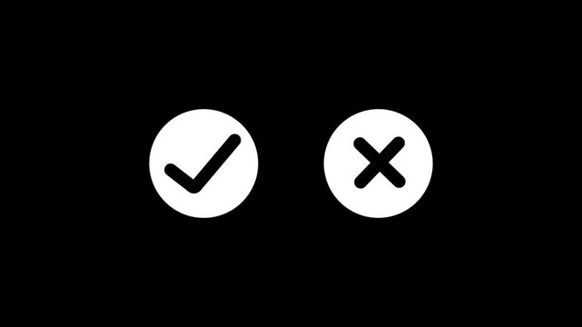 white check mark and white x cross symbols animation for choice and decision making green tick