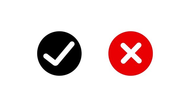 black check mark and red x cross symbols animation for choice and decision making green tick