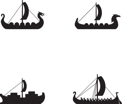 Viking ships and ancient dromons display traditional maritime vessels with carved dragon heads and single sails.