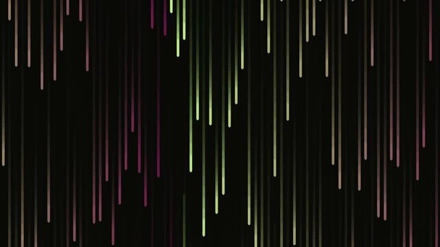 Abstract motion background with vertical neon light trails falling across a black screen in green, pink, and gold, creating a futuristic digital animation.