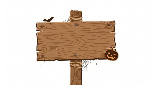 Spooky Halloween blank wooden signboard with pumpkin bat and cobwebs illustration isolated on white