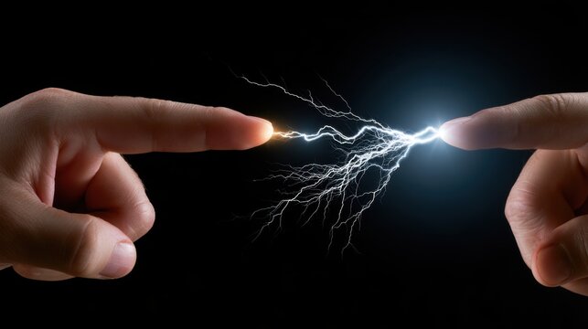 Two human fingers almost touching with visible electric spark and light flash representing energy connection or transfer concept on dark background