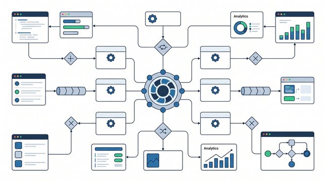 System architecture diagram for AI document management dashboard with data flow charts and analytics