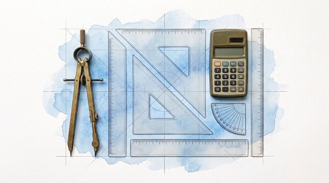 Technical drawing tools illustration, featuring compass, calculator, rulers, and protractor on a blue watercolor grid background, top-down view, for education and engineering concepts