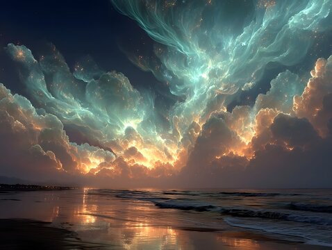 Ethereal glowing clouds paint a vibrant twilight sky over a serene ocean beach with luminous reflections.
