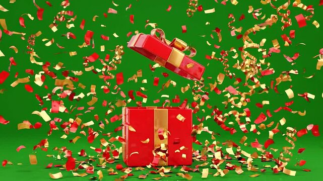 Exploding red gift box with golden ribbon and colorful confetti burst on green background