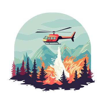 extinguishing a fire with the help of a helicopter, dumping water on burning trees in a mountain forest. illustration showing the danger of fires
