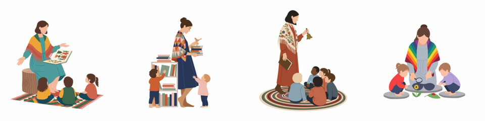 Set of Waldorf inspired educational illustrations featuring teachers and children participating in storytelling, reading, circle time, and nature exploration activities.