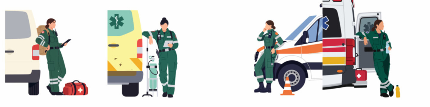 Set of female paramedic character illustrations in green uniforms standing by ambulances with medical equipment on a white background.