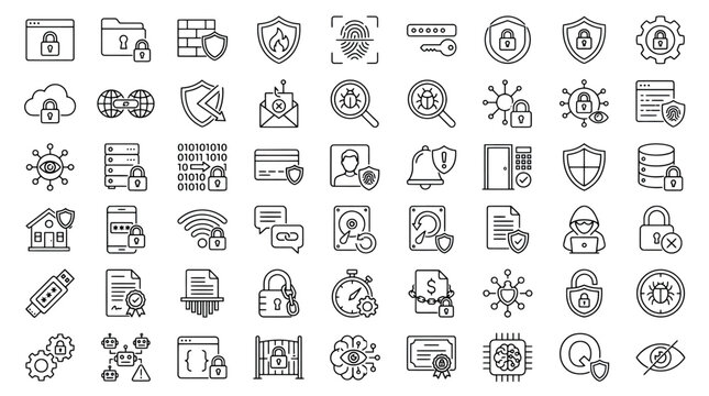 Collection of security and data protection line icons with a digital concept on a clean white background