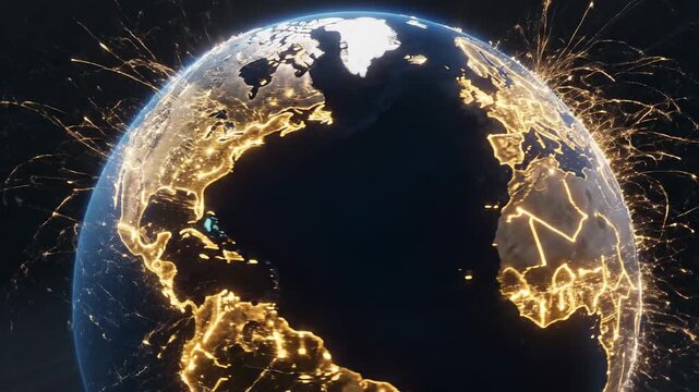 Spinning illuminated planet Earth at night, city lights glow across continents, global technology and connection concept