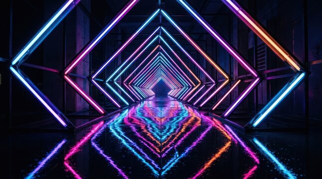 Abstract Neon Tunnel with Geometric Shapes and Vibrant Colors.