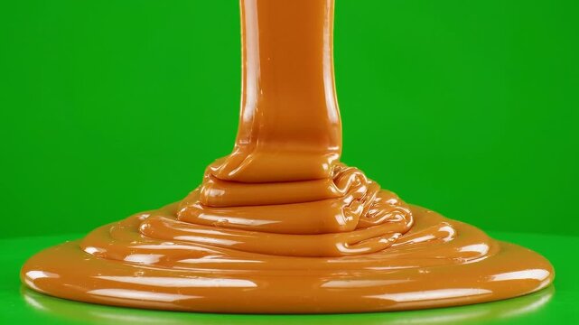 Thick golden caramel sauce pouring in slow motion over a green background