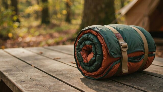 A green and orange sleeping bag rolled neatly on a wooden park table. Ideal for camping adventure and travel concepts.