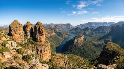 Fototapeta premium Blyde River Canyon Panorama with Three Rondavels and River Below.
