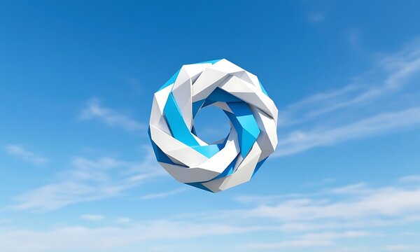 Abstract 3D blue and white architectural pattern background. Geometric spiral parametric structure under blue sky, perfect for modern corporate presentations and real estate banners