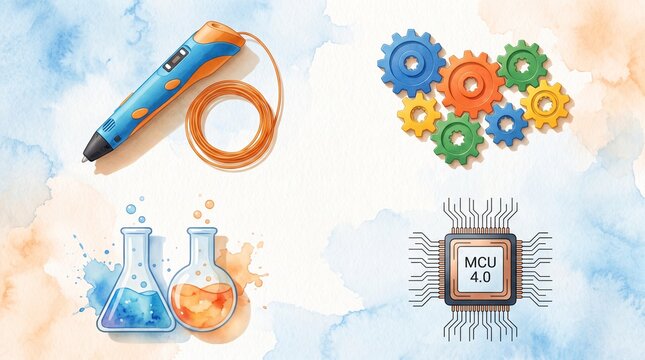 Creative STEM education watercolor illustration, featuring a 3D pen, colorful gears, chemistry beakers, and a microchip. Modern science and technology learning concept for educational resources.