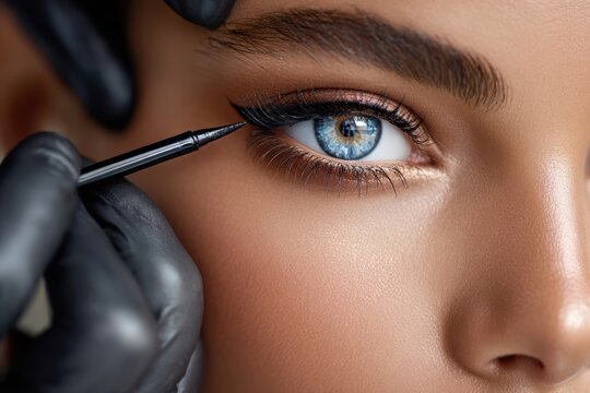 Close-up of makeup artist applying eyeliner on model's eye in a beauty salon