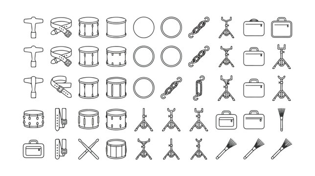 Drum kit accessories line icons, percussion instrument equipment set, 50 musical drum hardware vector elements for studio and stage