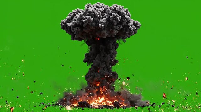 Dramatic cinematic explosion with mushroom cloud and fiery debris on green screen