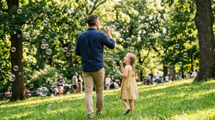 Fototapeta premium Father and Daughter Enjoying Bubbles in a Sunny Park.
