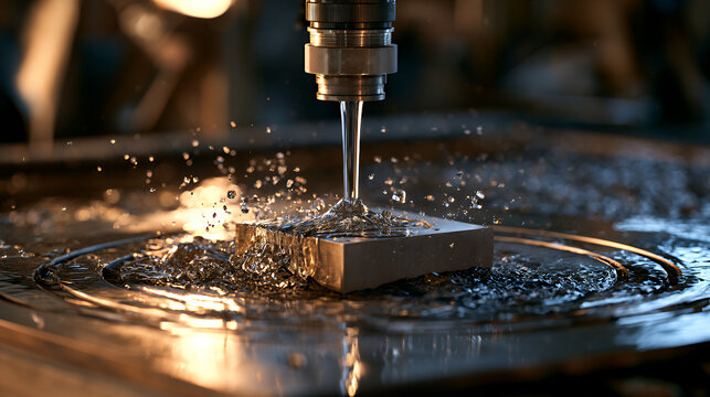 Industrial CNC Milling Machine Cutting Metal with Coolant Splash, Precision Manufacturing Close-Up