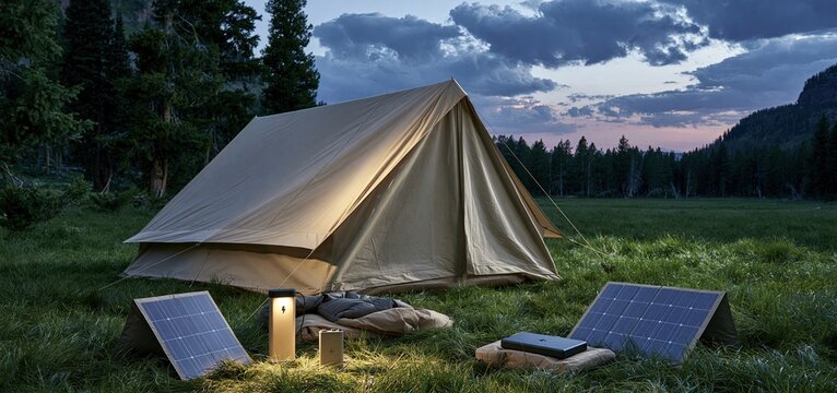 A sustainable outdoor camping scene featuring a canvas tent, portable solar panels, and battery on a grassy field at dusk.