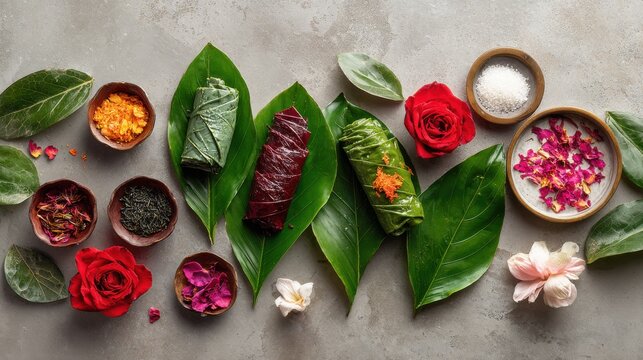 Aromatic herbs and floral ingredients for healthy phyto teas and national dishes. Vibrant arrangement of fresh leaves, dried herbs, rose petals and spices suggests culinary or therapeutic preparation