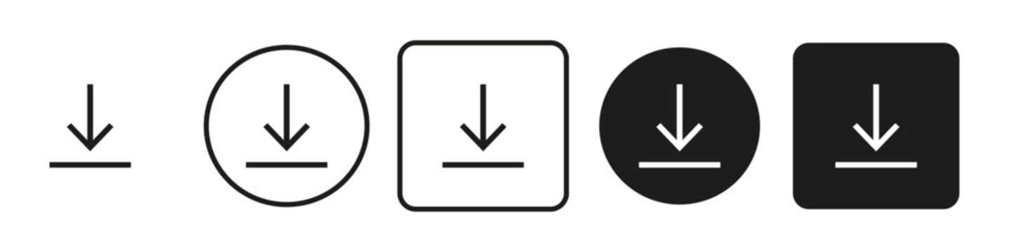 Download icon set. Outline download arrow, file transfer, and data download symbols representing digital downloads, file management, and cloud storage.
