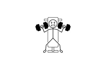 Fototapeta premium Stick Figure Lifting Dumbbells on Weight Bench Illustration