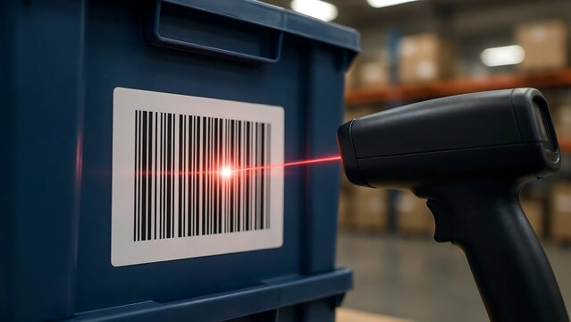 Barcode scanner beam reading data on blue plastic storage container in warehouse logistics and inventory management system tracking goods delivery.