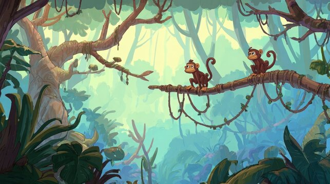 Two playful monkeys perched upon a thick tropical jungle tree branch