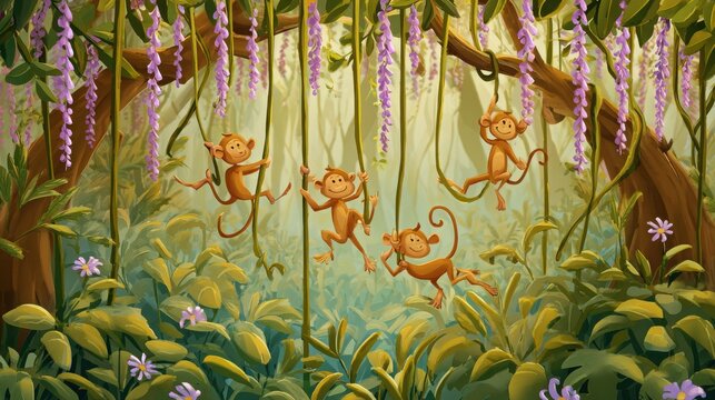 Playful cartoon monkeys swinging from vibrant tropical jungle hanging