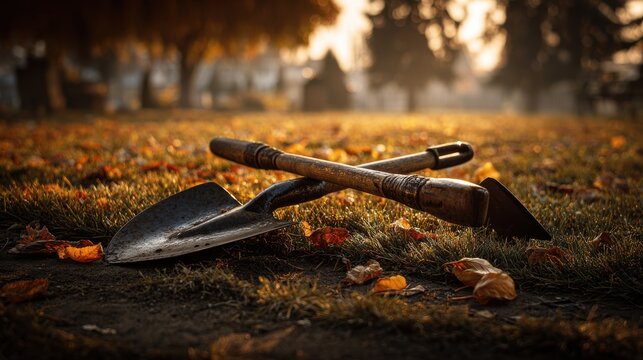 Gardening tools resting on the ground amidst fallen autumn leaves. Two weathered shovels lie crossed on the grass, surrounded by colorful fallen leaves during a golden hour sunset