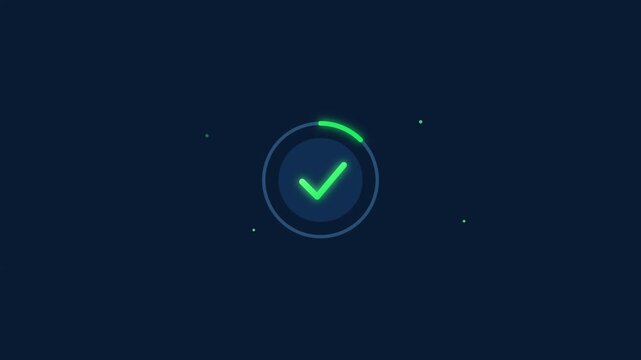 Checkmark icon animates within a circular progress bar on a dark blue background for task completion.