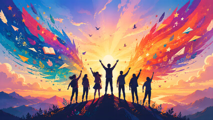 Fototapeta premium International Youth Day Celebration with Diverse Youth, Colorful Creative Wings, Education, Music, Paper Planes, and Sunrise of Hope Vector Illustration