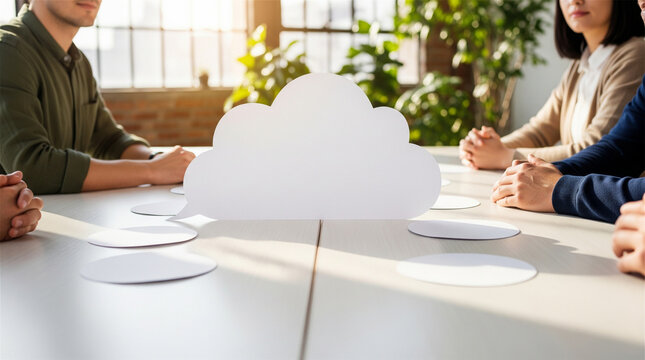 Business professionals sit around a meeting table and discuss strategies while interacting with a large paper cloud concept for digital brainstorming.
