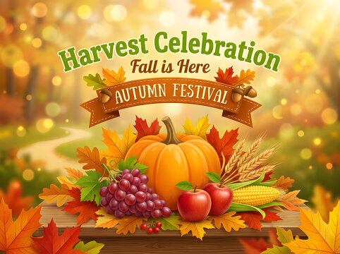 Autumn harvest festival background. Thanksgiving celebration with pumpkin and fruits.