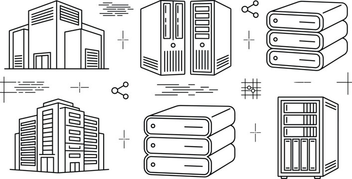Data center building computer server rack network and database storage outline icon collection isolated on white background.
