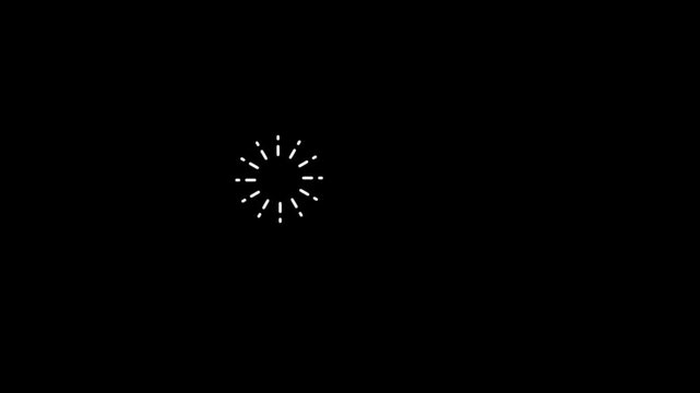 Celebration firework circle burst cartoon animation with white line, flat, vector explosions motion effects, and glowing geometric spark blast on transparent black background in 4k loop video