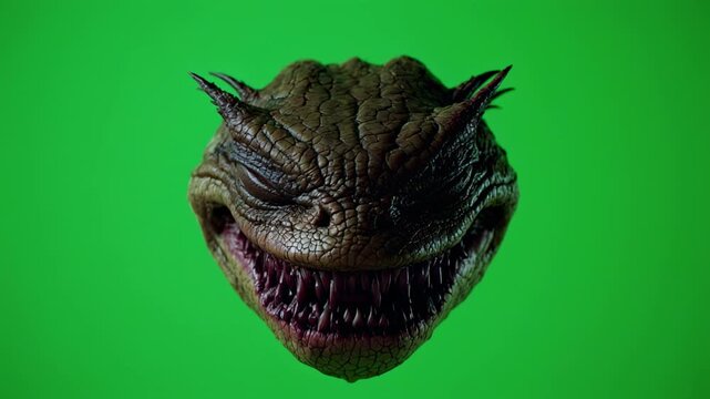 Grotesque creature head variations with menacing expressions on green screen background cinematic motion