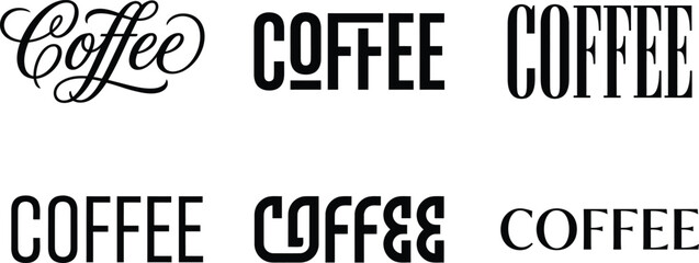 Obraz premium Six coffee typographic variations for branding logos and design elements.