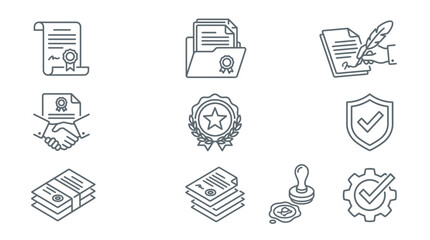 Fototapeta premium Legal documentation and verification icons depict professional services including hand signed contracts, official stamped paperwork, and various corporate approval processes for business operations.