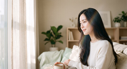 Fototapeta premium Thoughtful young asian woman sitting on bed and drinking coffee in a cozy modern bedroom.